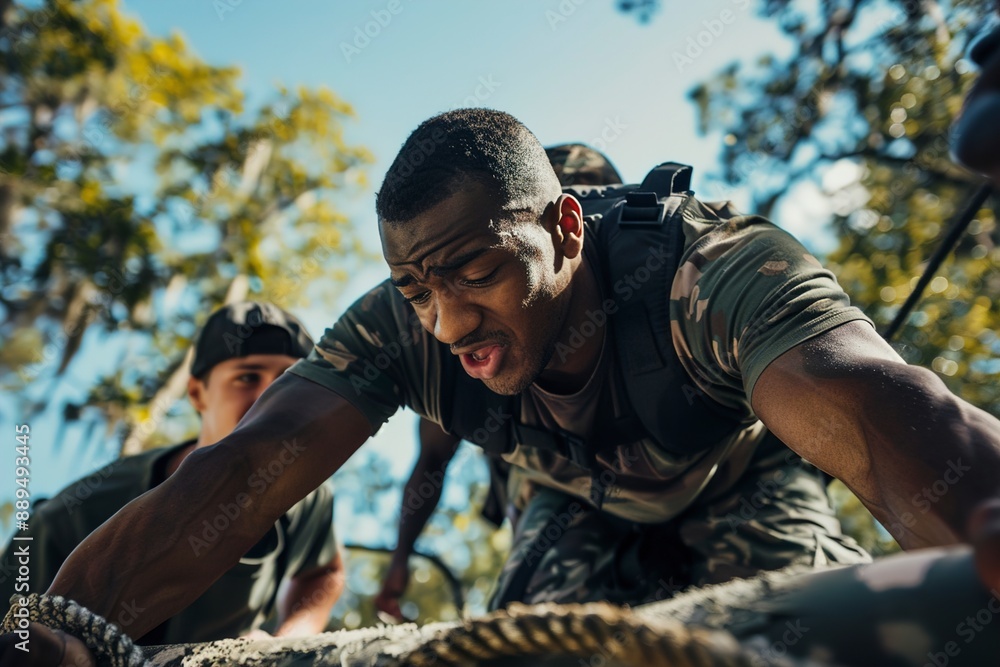 Fototapeta premium Teammates helping man over wall on boot camp obstacle
