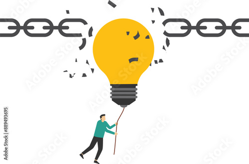 Businessman entrepreneur flying with lightbulb idea. Concept of overcoming barriers, goal, target. Modern vector illustration in flat style