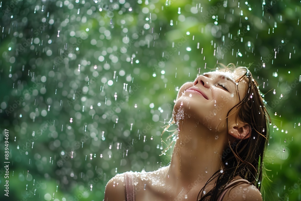Obraz premium Woman feeling good and free under the summer rain