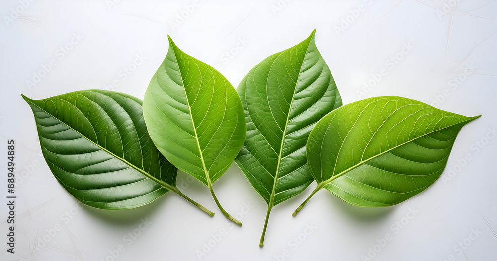 Four Green Leaves Arranged on a White Background Four Green Leaves Arranged on a White Background