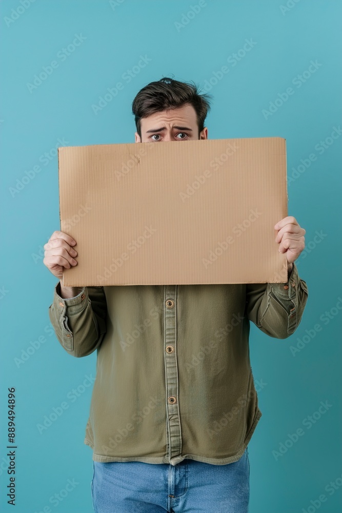 Upset man holding blank cardboard banner on light blue Upset man holding blank cardboard banner on light blue