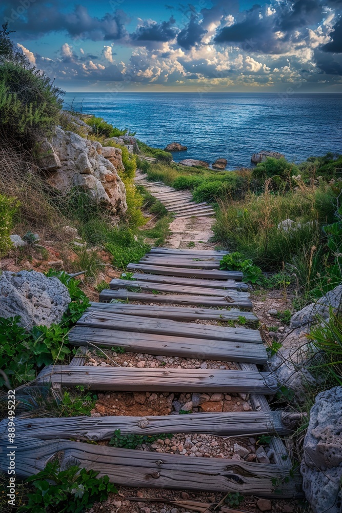 Obraz premium watching the sea from a wooden pathway