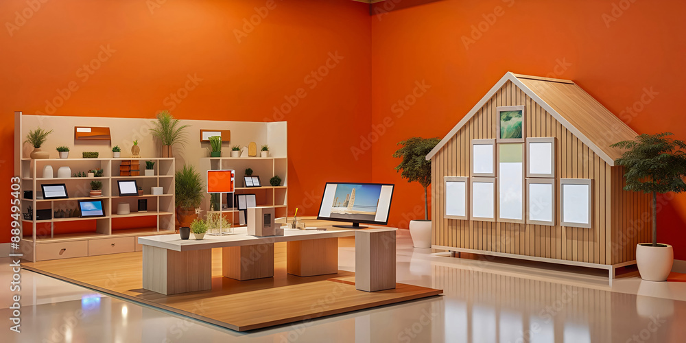 Modern Tech Showroom with Orange Walls Generative AI Modern Tech Showroom with Orange Walls Generative AI