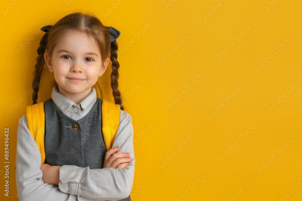 Portrait of a Smiling Girl with Braids and Yellow Backpack Against Yellow Background Portrait of a Smiling Girl with Braids and Yellow Backpack Against Yellow Background