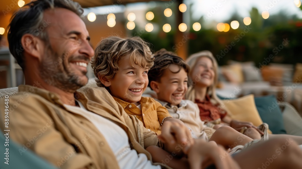 A content family of four enjoying a movie outdoors, sitting on a comfortable couch under evening lights, emphasizing family togetherness and leisure time. A content family of four enjoying a movie outdoors, sitting on a comfortable couch under evening lights, emphasizing family togetherness and leisure time.
