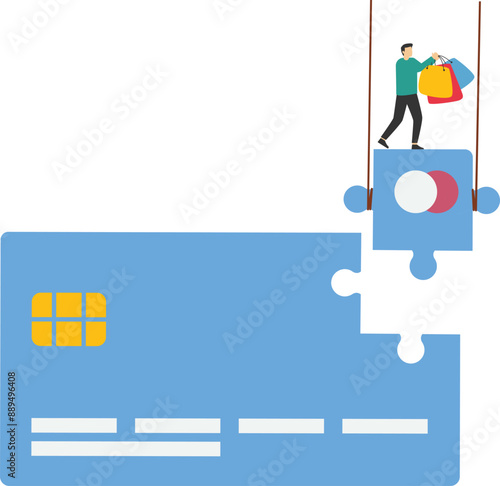Shopping except from bank account, consumerism and daily consumption, spending available assets, businessman sitting on puzzle piece of his bank card and holding shopping bags

