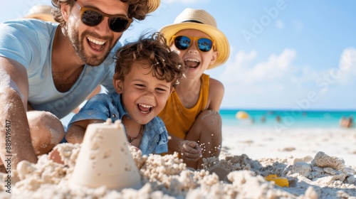 Fototapeta Naklejka Na Ścianę i Meble -  A father and his two young boys laughing and building sandcastles together on a sunny beach day, showcasing family bonding and the joy of outdoor activities.