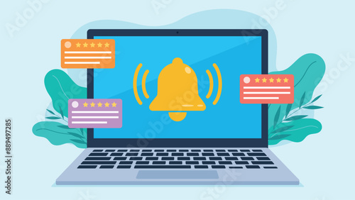 Flat design illustration. Notification bell on laptop screen. There are business cards with user reviews all over the place. Three reviews, all five stars.