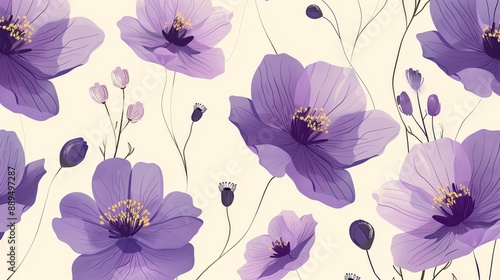 Seamless Pattern of Purple Flowers in Simple Flat Illustration Style on Cream Background. Perfect for Fabric Designs, Wallpapers, and Gift Wrapping