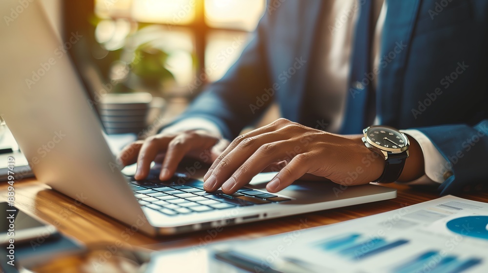 Businessman working on laptop with data sheet, planning work project in modern office, close up. Businessman working on laptop with data sheet, planning work project in modern office, close up.