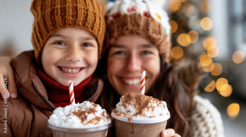 A festive image of a mother and her cheerful child in knitted hats and cozy attire, smiling as they hold delicious hot chocolate beverages with whipped cream and sprinkles. A festive image of a mother and her cheerful child in knitted hats and cozy attire, smiling as they hold delicious hot chocolate beverages with whipped cream and sprinkles.