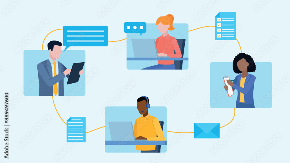 Online team meeting of four employees. Two women and two men. Next to the characters there are speech bubbles, an email envelope, a document with a checklist, and a document with a magnifying glass. Online team meeting of four employees. Two women and two men. Next to the characters there are speech bubbles, an email envelope, a document with a checklist, and a document with a magnifying glass.