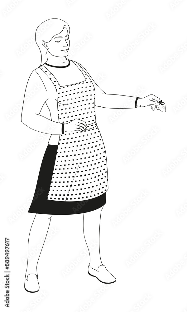 standing woman in an apron with strawberries in hand
standing woman in an apron with strawberries in hand
