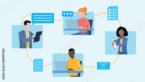 Online team meeting of four employees. Two women and two men. Next to the characters there are speech bubbles, an email envelope, a document with a checklist, and a document with a magnifying glass.