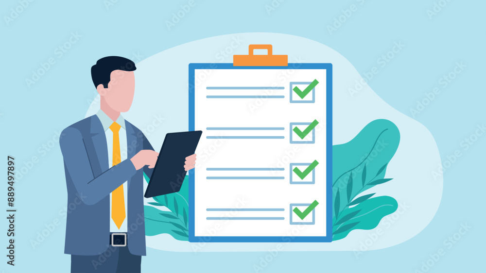 businessman dressed in a suit holds a tablet in his hand. Next to the drawing there is a completed survey with questions. All checkboxes are correctly selected in green. Flat design vector. businessman dressed in a suit holds a tablet in his hand. Next to the drawing there is a completed survey with questions. All checkboxes are correctly selected in green. Flat design vector.