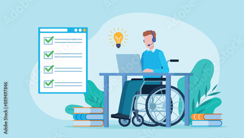 An employee in a wheelchair writes on a laptop with a light bulb in it. A website appears in the background with a completed checklist. The checklist is completed correctly. Flat design vector.