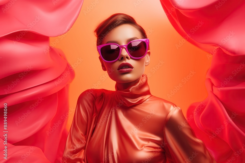 A fashion shoot with a model bathed in pink and orange gels, highlighting bold and stylish aesthetics copy space, stylish theme, surreal, composite, fashion studio A fashion shoot with a model bathed in pink and orange gels, highlighting bold and stylish aesthetics copy space, stylish theme, surreal, composite, fashion studio