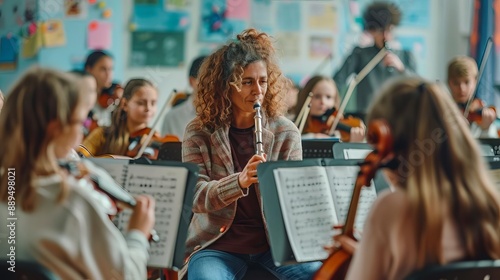 A diverse group of young musicians playing various instruments in an orchestra rehearsal, led by a passionate conductor.