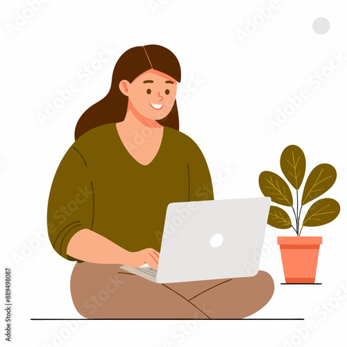 Smiling Woman Using Laptop with Plant in Modern Flat Illustration