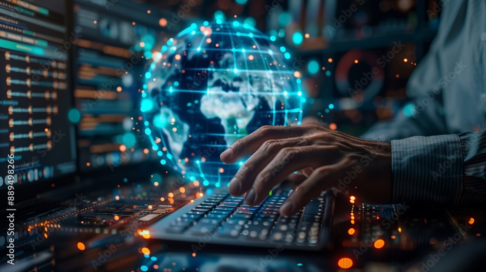 Businessman using digital tablet with global internet network connection, digital technology, internet global network technology concept, data exchange. Businessman using digital tablet with global internet network connection, digital technology, internet global network technology concept, data exchange.