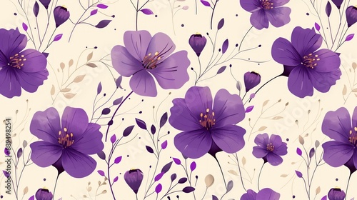 Seamless Pattern of Purple Flowers in Simple Flat Illustration Style on Cream Background. Perfect for Fabric Designs, Wallpapers, and Gift Wrapping