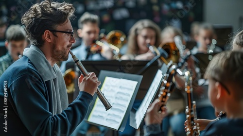 Music teacher conducting a school band practice, Teacher, musical and enthusiastic