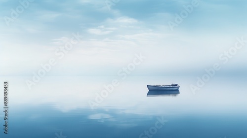 A small boat floating on a calm lake with a large expanse of water