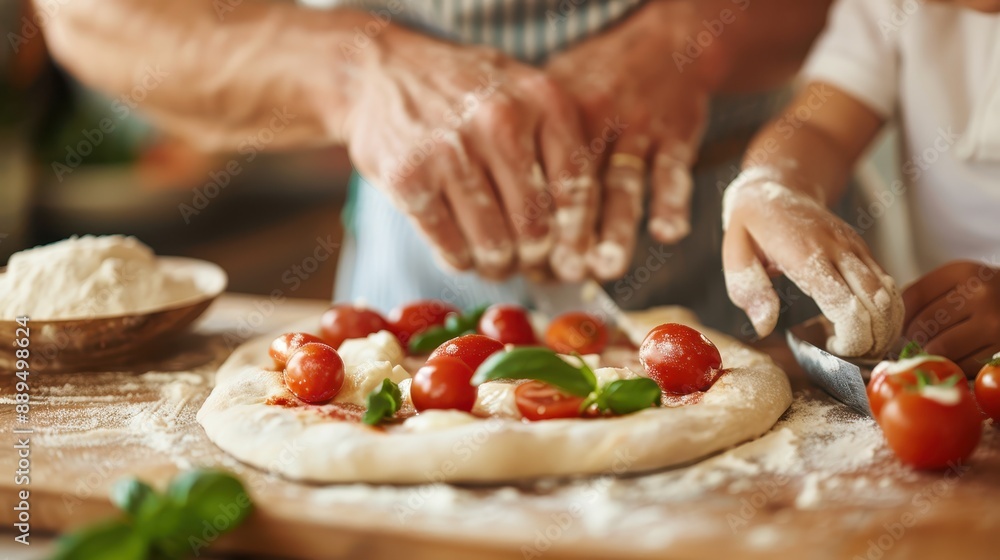 Close-up image of hands skillfully preparing pizza dough with fresh toppings like tomatoes and basil, highlighting the culinary process and teamwork involved.