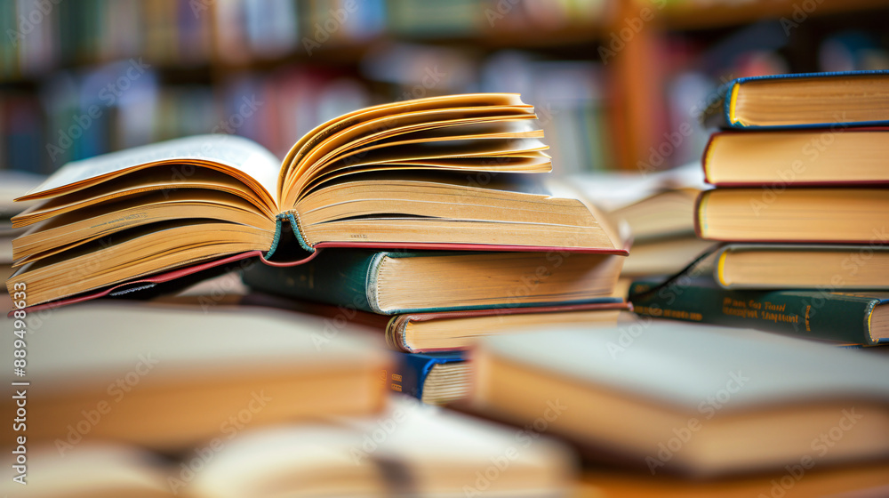 A collection of open and closed books stacked on a library table, representing knowledge, literature, and research. A collection of open and closed books stacked on a library table, representing knowledge, literature, and research.