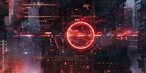 Glowing red target circle on futuristic motherboard with red circuit lines