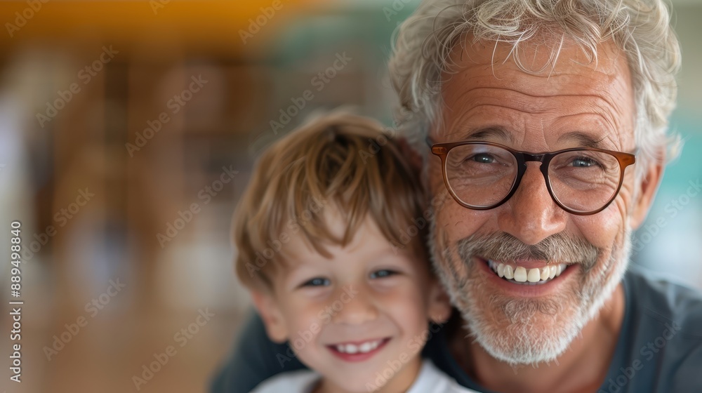 An elderly man and his young grandson smile warmly at the camera, showcasing a deep bond and joy in their relationship, with their faces closely together and brightly lit. An elderly man and his young grandson smile warmly at the camera, showcasing a deep bond and joy in their relationship, with their faces closely together and brightly lit.