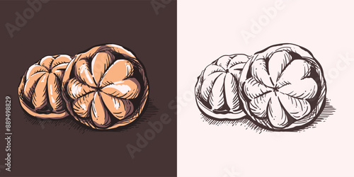 Vintage and Old school style of South East traditional dessert  "Bahulu", Hand drawn sketch. Vintage Color and Outline Illustrator.