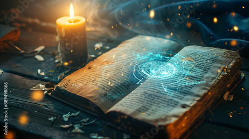 A mystical open book on a wooden table illuminated by a candle, surrounded by magical blue sparkles and glowing symbols.