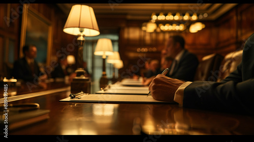 Boardroom meeting with executives, papers, and lamps, captured in a warm and professional office setting.