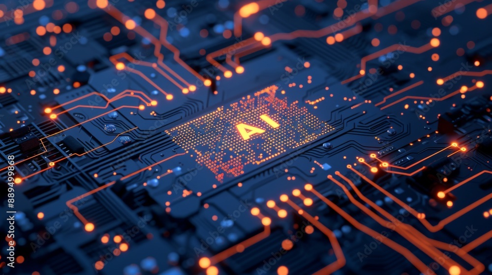 Detailed view of a circuit board with AI components Detailed view of a circuit board with AI components