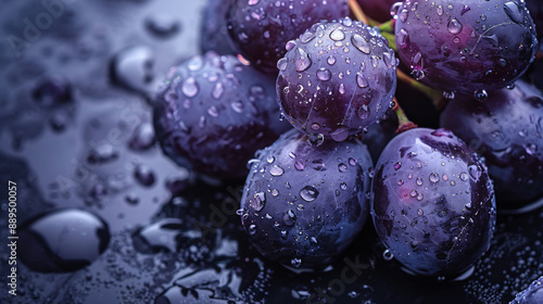 Close-up of fresh, juicy purple grapes with water droplets on a dark surface, highlighting their vibrant color and natural texture.