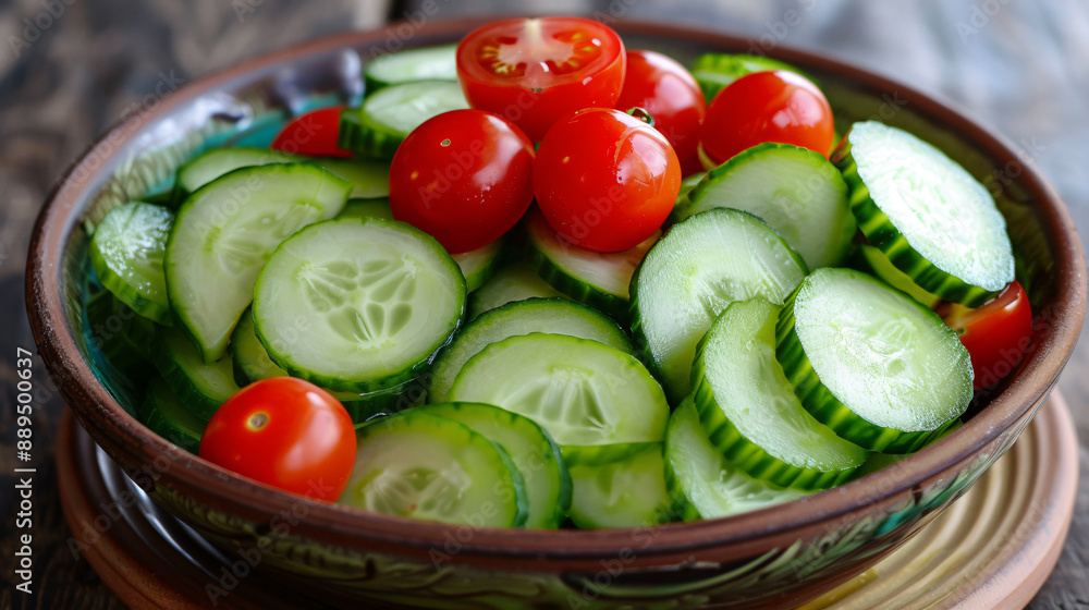 Fresh cucumber and cherry tomato salad in a rustic bowl, perfect for a healthy meal or side dish. Fresh cucumber and cherry tomato salad in a rustic bowl, perfect for a healthy meal or side dish.