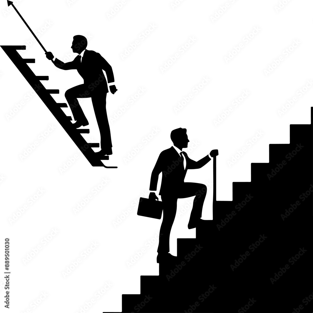 Obraz premium A man in a business suit is climbing the career ladder. Vector monochrome silhouette drawing about business and achievements