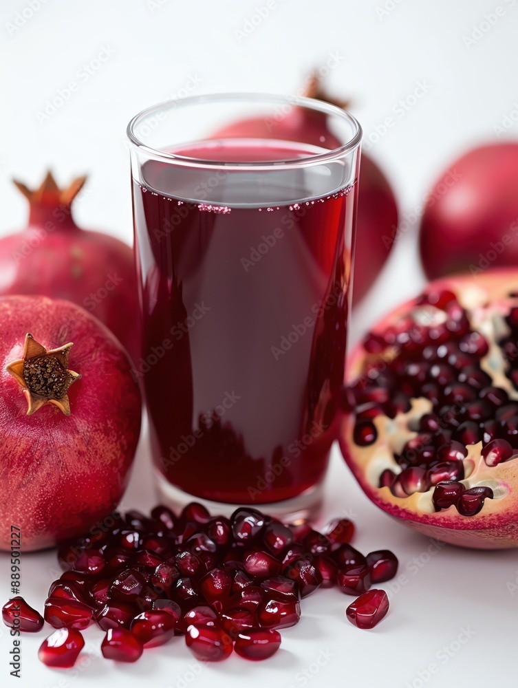 Glass filled with pomegranate juice, isolated white background, studio lighting for focused advertising Glass filled with pomegranate juice, isolated white background, studio lighting for focused advertising