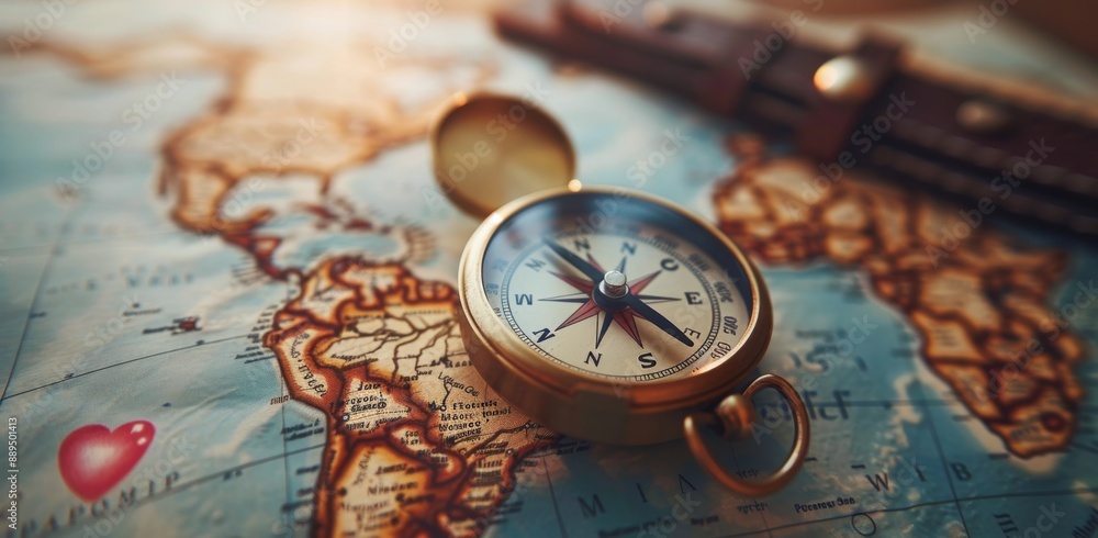 Antique Compass on World Map With South America in Focus Antique Compass on World Map With South America in Focus