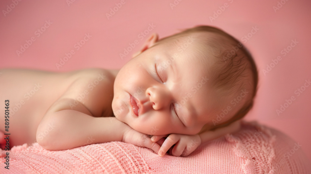 Peaceful sleeping baby on pink blanket, newborn photography with soft pastel tones, innocence and tranquility captured beautifully.