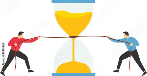 Deadline and time management. Businessman and partner is trying to stop time. Vector illustration.

