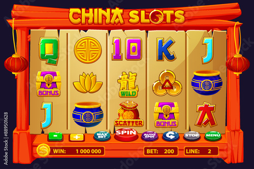 The wooden game user interface is cartoon-style with basic buttons and Set of 12 Slot symbols. Gambling mobile app concept for the Casino or 2D Game