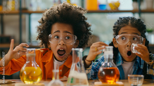 Two astonished kids conducting a colorful science experiment in a lab, wearing safety goggles and surrounded by beakers and flasks.