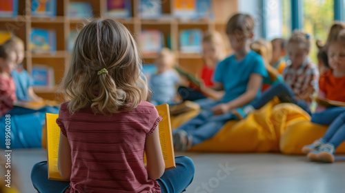 Young girl reading to a group of children in a classroom with bookshelves, promoting a love for reading and education.