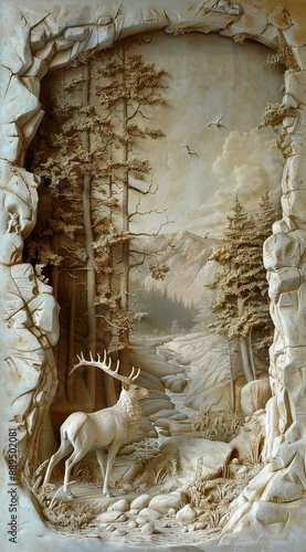 Beautiful deer 3d relief wallpaper. Mural wallpaper. Wall art. AI generated illustration