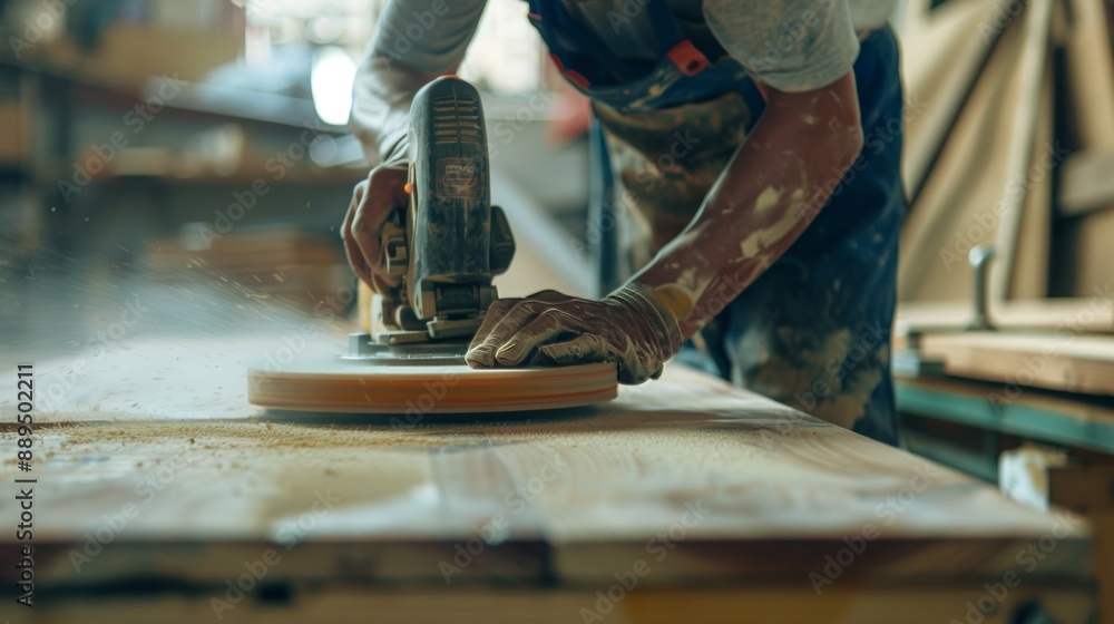 Focused Manual Worker Using Sander on Wood in Carpentry Workshop - Professional Craftsmanship, Detailed Woodworking Techniques, and Precision in Action Focused Manual Worker Using Sander on Wood in Carpentry Workshop - Professional Craftsmanship, Detailed Woodworking Techniques, and Precision in Action