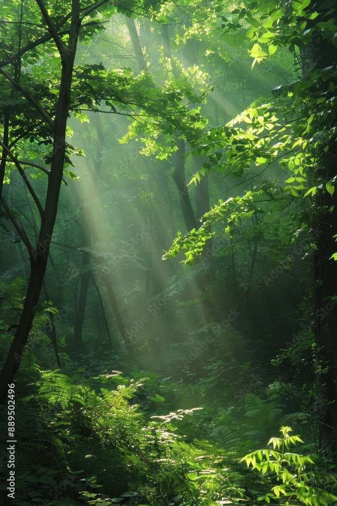 Obraz premium A lush green forest with sunlight shining through the trees. The sunlight creates a warm and inviting atmosphere