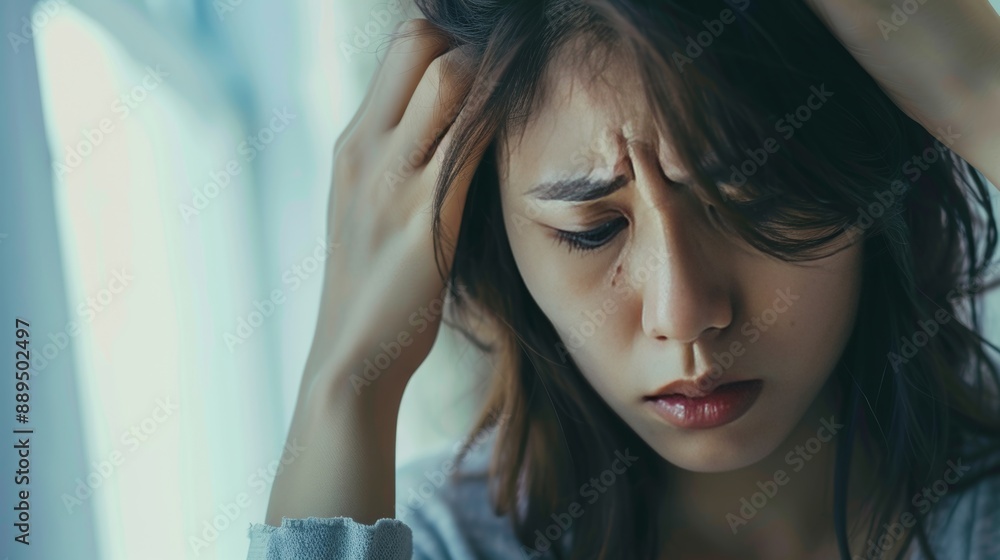 Stressed Asian Woman Holding Head in Despair - Emotional Portrait Capturing Anxiety and Frustration, Mental Health and Stress Management Concepts Stressed Asian Woman Holding Head in Despair - Emotional Portrait Capturing Anxiety and Frustration, Mental Health and Stress Management Concepts