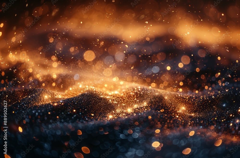 Naklejka premium A grainy, blurry texture of sand on the ground with golden sparkles flying around it, against black background,